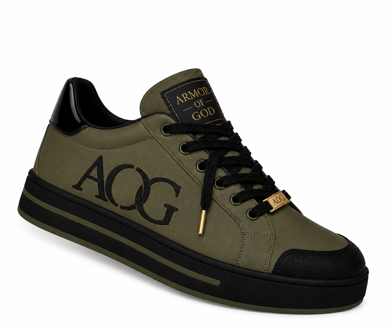 AOG Armor of God olive green and black low-top sneaker with gold accents